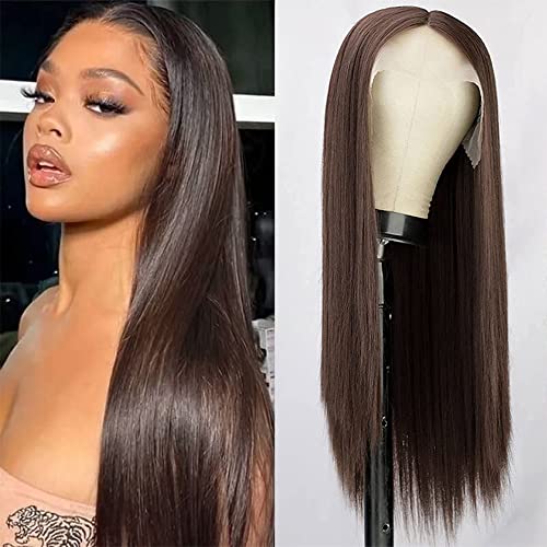 AISI QUEENS Lace Front Wigs Long Stright Brown Wig Glueless Synthetic Heat Resistant Fiber Hair Replacement Wigs for Women Daily Use