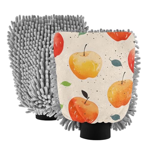 IOACIY Absorbent Microfiber Car Wash Drying Mitts, 2 Pack, Scratch-Free & Lint-Free, Rich Foam, Highly Absorbent, Double Sided, Wash Mitt Perfect for Car Washing, L, Watercolor Apple (3)