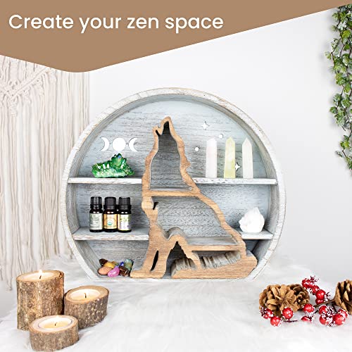 Wondermar Wolf Shelf For Crystals - Crescent Moon Shelf For Rocks, Oils, Plants - Crystal Shelf Display For Wall Decor Or Tabletop - Floating Moon Shelves For Cabins, Boho, Rustic, Farmhouse - (Grey) #TOP3
