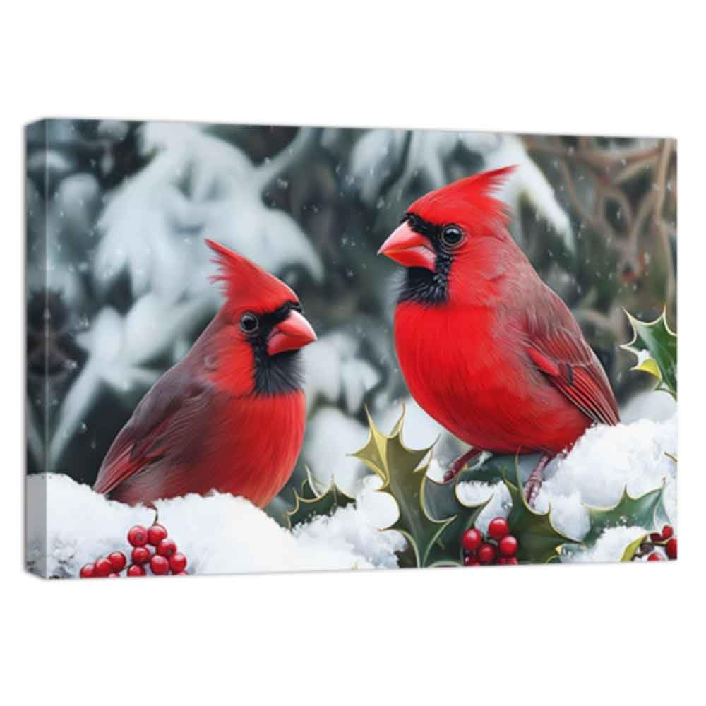ZQQART Cardinals Canvas Wall Art Red Bird Animal and Berries Painting Prints Winter Snow Scene Picture Wall Decor Christmas Party Decor Frame(Red,12.00" x 18.00")