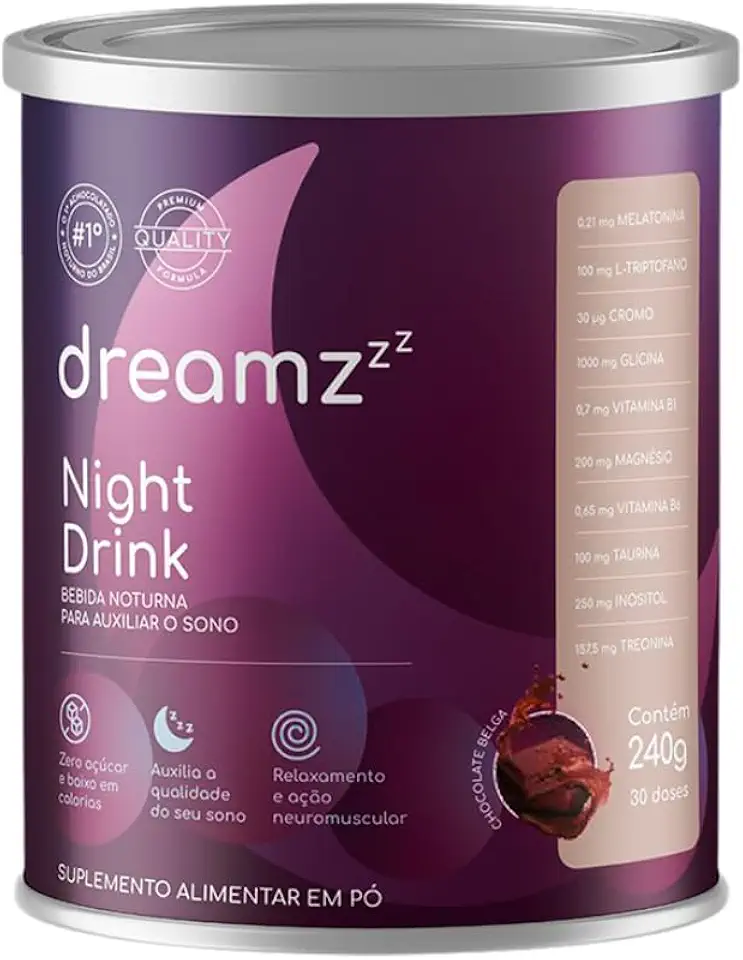 Dreamz Night Drink – 30 Doses | Achocolatado Noturno com 10 Ingredientes Naturais, Melatonina, L-Triptofano, Magnésio, Inositol | Zero Açúcar | Chocolate Belga
