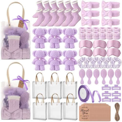 Rivvlive 6 Set Spa Gifts Bulk for Women, Sleepover Party Favors Supplies for Bridesmaid Bridal Shower Wedding Guests Baby Shower Birthday Gift with Towels Socks Hair Tie Clip Eye Masks(Purple)