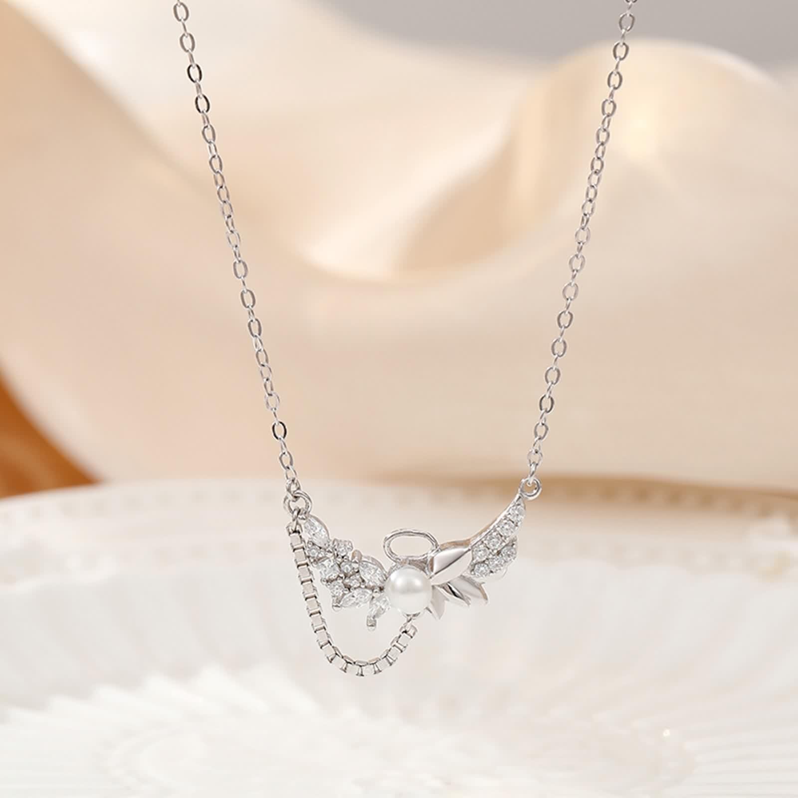 Collana Perla Lunga, Collana Donna Vintage Ciondolo Catenina Gioielli Oro Bianco 9K/14K/18K con Moissanite Foglia 40+5cm