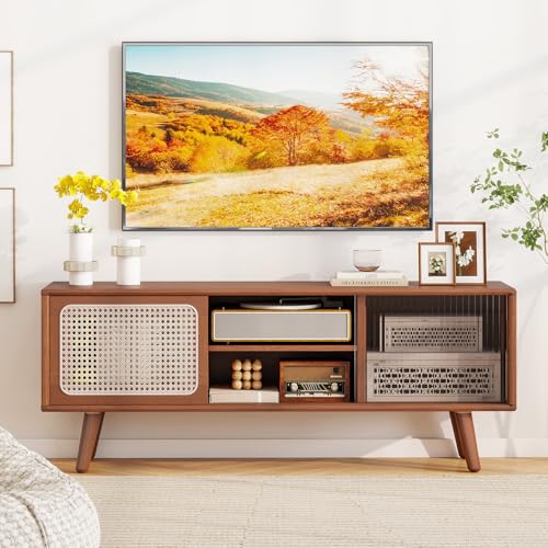 Giantex Bamboo TV Stand for TVs up to 55", Mid Century Modern Entertainment Center w/ 3-Level Adjustable Shelf, PE Rattan, Tempered Glass Sliding Door, Media TV Console Table for Bedroom (Walnut)