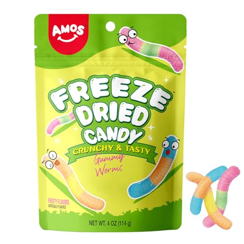 Amos Freeze Dried Gummy Worms, Premium Crunchy Fruit-Flavored Candy, Fat-Free & Gluten-Free, Crunch Snack Treats, Resealable 4oz Bag