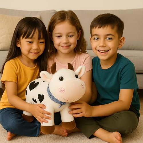 Image of Plush Cow Toy for Kids | Soft Stuffed Animal with Cute Face & Horns | Hugging Cuddly Cow for Baby Boys & Girls | Birthday Gift & Nursery Decor (22 cm)