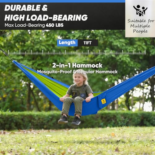 Image of Small Camping Hammock with Mosquito Net, 450 lbs Portable Hammock with Tree Straps, 2-in-1 Double /Single Travel Hammocks, Hammock for Outside /Indoor /Backpacking /Beach - Lake Blue & Green
