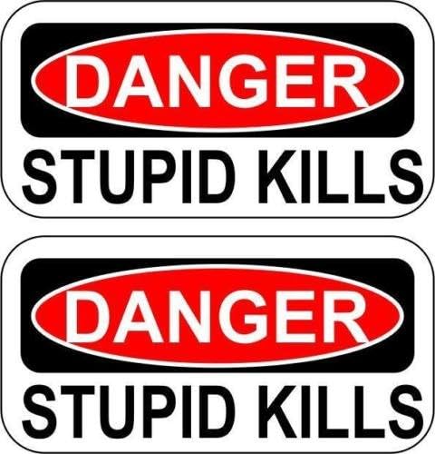 (2 PACK) Danger Stupid Kills by StickerDad® - size: 2" X 1" color: BLACK/WHITE/RED - Full Color Printed Sticker for Hard Hat, Helmet, Windows, Walls, Bumpers, Laptop, Lockers, etc.