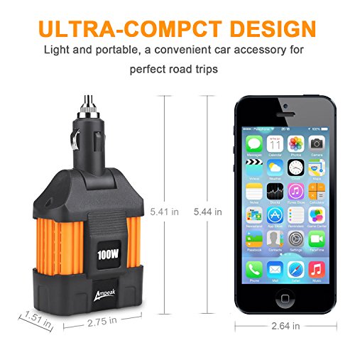 Ampeak 100W Power Inverter DC 12V to 110V AC Car Converter 4.8A Dual USB Ports Cigarette Lighter Inverter