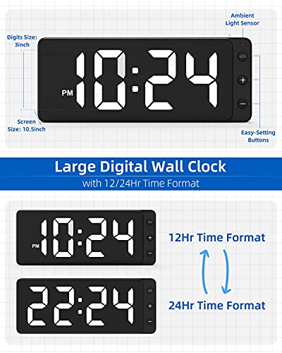 Led Digital Wall Clock With Large Display, Big Digits, Auto-Dimming, 12/24Hr Format, Battery Backup, Silent Wall Clock For Farmhouse, Kitchen, Living Room, Bedroom, Classroom, Office – White #TOP2