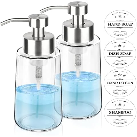 GLUBEE 2 Pack Glass Foaming Soap Dispenser with Waterproof Labels, Hand and Dish Soap Dispenser Set with Rust Proof Stainless Steel Pump, 15 Oz Clear Foam Soap Dispenser Bottle for Kitchen & Bathroom Cover