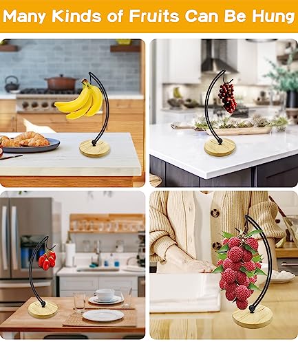 Bananas Holder Hanger Hook Stand Modern Banana Keeper Organizer Storage Racks Tree Wood Base Metal Hooks Grape Holder Fruit Display Rack Keep Bananas Fresh For Home Kitchen Bar Table Countertop #TOP2