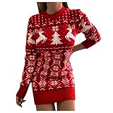 Generic Weihnachten Kleid Damen Sexy Pulloverkleider Minikleid Langarm Weihnachtskleider Pullikleid Winter Strickkleid mit Elchmuster Slim Fit Partykleid Winterkleid Weihnachtspullover