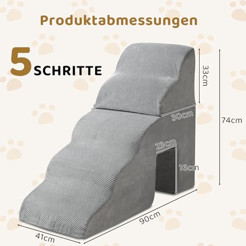 LEADZM Hundetreppe mit 28D Hochdichtem Schaum - 5 Stufen 74 cm hoch für Hunde aller Größen - Zweiteiliges Design mit Tunnel - Abnehmbarem Waschbarer Bezug, Tragbare Rampe für Kleine Hunde zu Bett, Sof