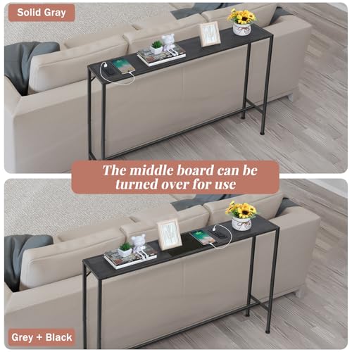 ETELI Entryway Table with Power Outlets & USB Ports Console Table with Charging Station 41\" x 8.7\" Narrow Sofa Table for Living Room, Foyer, Hallway, Rustic Grey and Black - Thumbnail 4