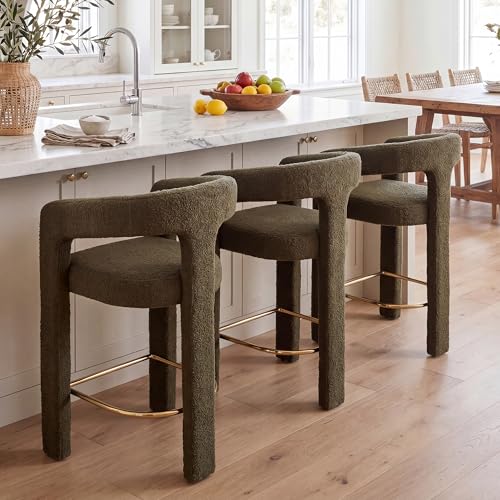 Image of HNY Modern Barrel Bar Stools Set of 3, 26 Inch Upholstered Sherpa Counter Height Bar Stools with Open Back and Armrests for Kitchen Island, Home Bar, Dining Room, No Assembly, Green