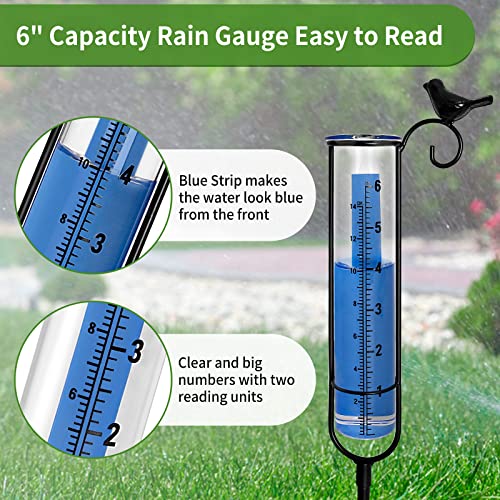 Jowlawn 6" Capacity Rain Gauge Outdoor, Detachable Glass Rain Gauges With L-Shaped Metal Stake - Cast Iron Bird Rain Gage With Tube Brush, Water Rain Meter For Yard, Lawn, Garden, Fence Decoration #TOP2