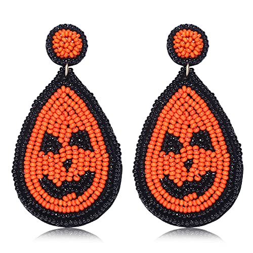 Boderier Beaded Halloween Earrings Teardrop Pumkin Beaded Drop Earrings Statement Halloween Jewelry (Orange Pumkin)