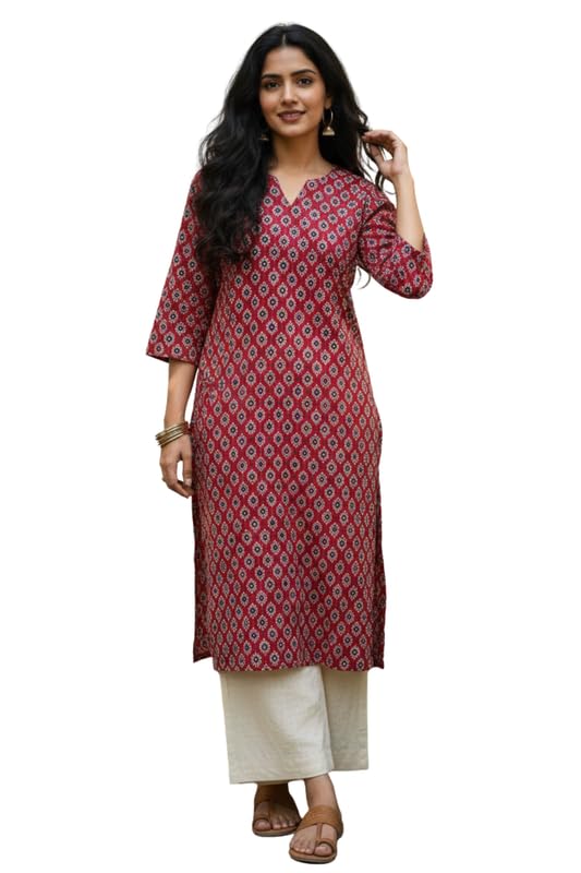 ethnic lady Viscose Rayon Single Long Kurti for Women | A-Line Kurta | Boat Neck Tunic for Women | 3/4 Sleeve Straight Kurta | Red-picture-10