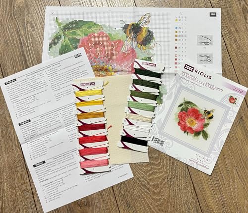 Image of RIOLIS - Furry Bumblebee 2210, Animals Cross Stitch Kits 6 inchx6 inch, Flowers Cross Stitch Kits for Beginners & Advanced, Crossstitching Kit Adult, Floral Embroidery Counted Stitching Kit