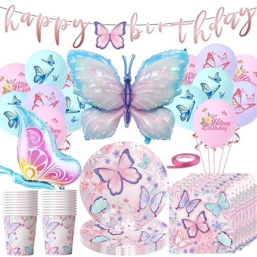 OMZSXK Set de décoration d'anniversaire papillon,79 pièces vaisselle de fête papillon set d'accessoires de fête,papillon assiettes en carton ballon de...