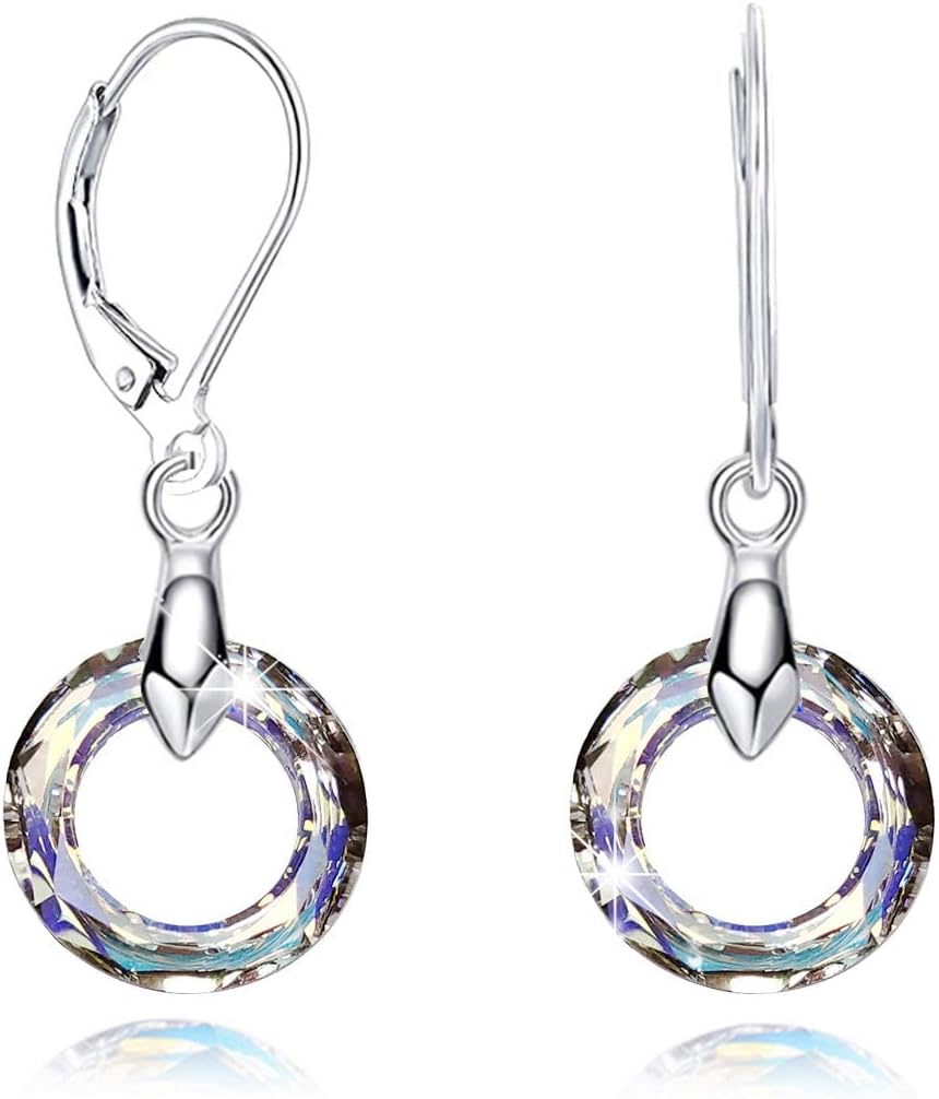 925 Sterling Silver Circle Earrings with Austria Crystal Leverback Dangle Earrings Hypoallergenic Jewelry for Women Mom