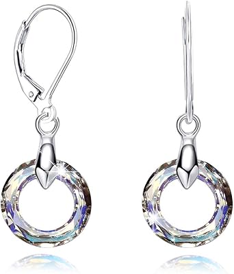925 Sterling Silver Circle Earrings with Austria Crystal Leverback Dangle Earrings Hypoallergenic Jewelry for Women Mom