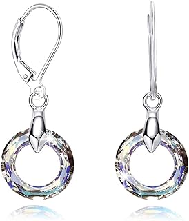 925 Sterling Silver Circle Earrings with Austria Crystal Leverback Dangle Earrings Hypoallergenic Jewelry for Women Mom