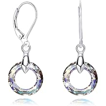 925 Sterling Silver Circle Earrings with Austria Crystal Leverback Dangle Earrings Hypoallergenic Jewelry for Women Mom