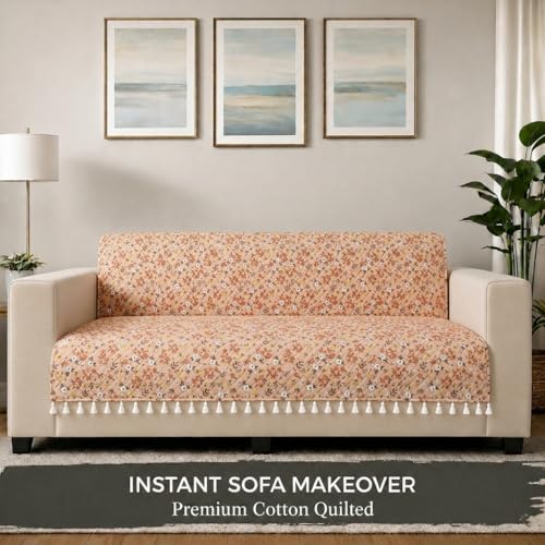 Image of STITCHNEST 'Frostvine Collection' 2 Seater Sofa Cover - Full Coverage| Cotton Quilted Fabric, Decorative Tassels, Washable & Durable for Modern Living