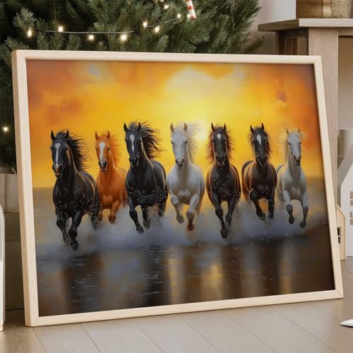 Image of HOTHOUSE Seven Running Vastu Lucky Horse | 7 Horses Vastu Frame Wall Art Painting for Living Room Bedroom Office Home Decor Rising Sun Painting Wall Decor Size (10X13 inch)