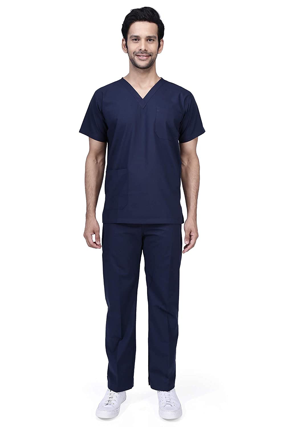 SUBAUnisex Scrub Suit set V-Neck 2 Pocket Top and Cargo Type Trouser (34, Navy Blue)