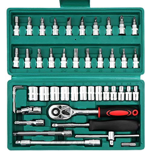 WiMas 46PCS Juego de Llaves de Vaso, Llave de Carraca Reversible Set, 1/4 Pulgada Juego de Llaves de Carraca y de Vaso, Herramienta de Reparación de Vehículos Automáticos