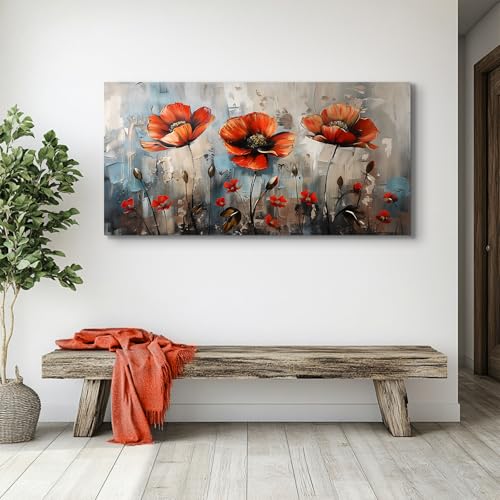 SERIMINO Large Wall Art for Living Room, Nature Floral Botanical Wall Art, Red Flowers Canvas Prints Paintings, Wildflower Modern Home Decor Bathroom Dining Room Kitchen 30"X60"