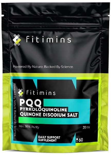 PQQ 20mg | High Strength 99% Pure Pyrroloquinoline Quinone | 60 Vegan Capsules | 2-Month Supply | UK-Made Supplement | Energy, Brain, Cell Health, Mitochondria & Anti-Ageing Support | Fitimins