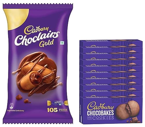 Image of Cadbury Choclairs Gold Candies Birthday Pack, 632.5 g + Cadbury Chocobakes Choc Filled Cookies, 75g - Pack of 10