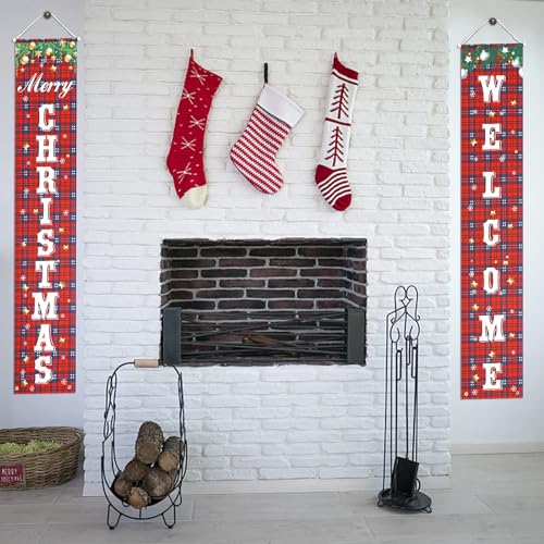 Merry Christmas Banner, Buffalo Plaid Welcome Banner - Front Porch/Door Sign for Indoor/Outdoor Wall