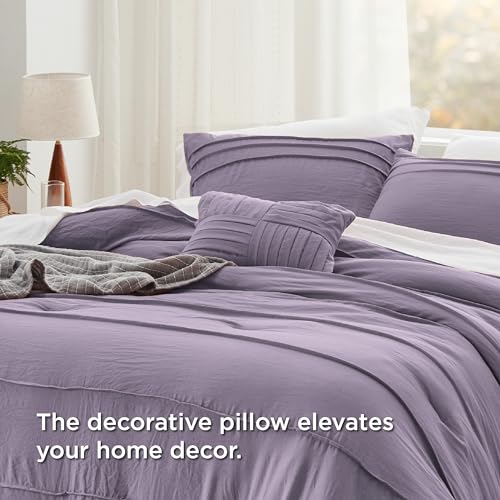 Image of Bedsure Queen Comforter Set - 4 Pieces Pinch Pleat Bed Set, Purple Boho Bedding for All Season, 1 Soft Comforter, 2 Pillowcases, 1 Decorative Pillow