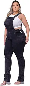 Alleppo Macacão Jardineira Jeans Plus Size Feminina, Grafite, Estilo Casual, com Bolsos e Botões