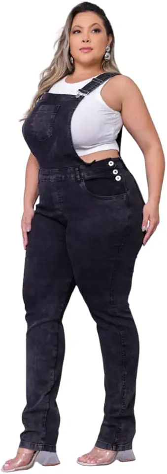 Alleppo Macacão Jardineira Jeans Plus Size Feminina, Grafite, Estilo Casual, com Bolsos e Botões
