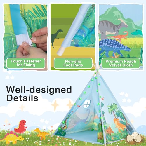 BRINJOY Teepee Tent for Kids, Toddlers Dinosaur Play Tent with LED String Lights, Foldable Children Teepee Tent Toy w/Storage Bag, Indoor Outdoor Pretend Playhouse Gift for Boys Girls Ages 3+ - Thumbnail 3