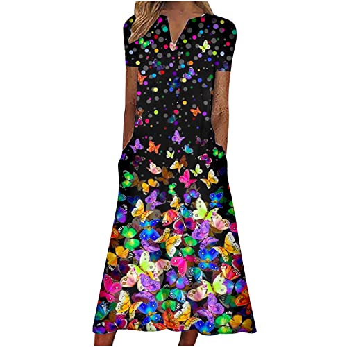 Womens Short Sleeve A-Line V-Neck Beach Dress Butterfly Flower Print Loose Casual Sundresses With Pockets #TOP23