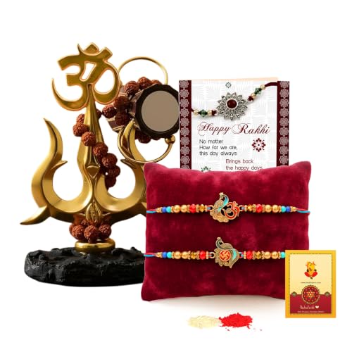 Image of TIED RIBBONS Set of 2 Rakhi for Brother with Gift - Premium Rakhi for Bhaiya Men with Lord Shiva Trishul with Card Roli chawal - Bracelet Rakhi's for Brother