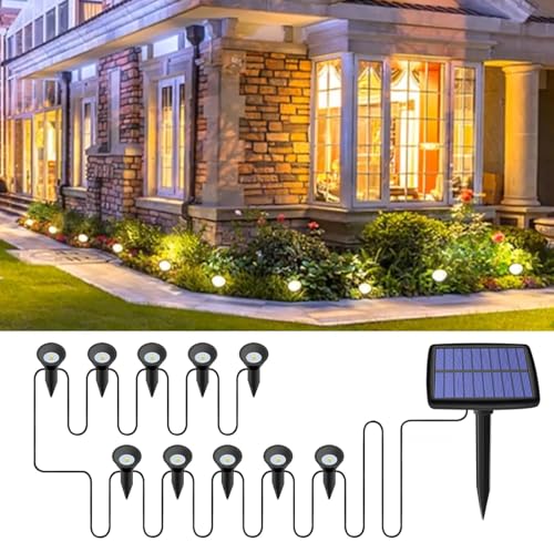 Solar Gartenleuchte mit 10 LED – Solarstrahler mit Erdspieß für Außen, IP44 Wasserdicht, Solar Wegeleuchte für Garten Zaun Terrasse, Warmweiß 3000K