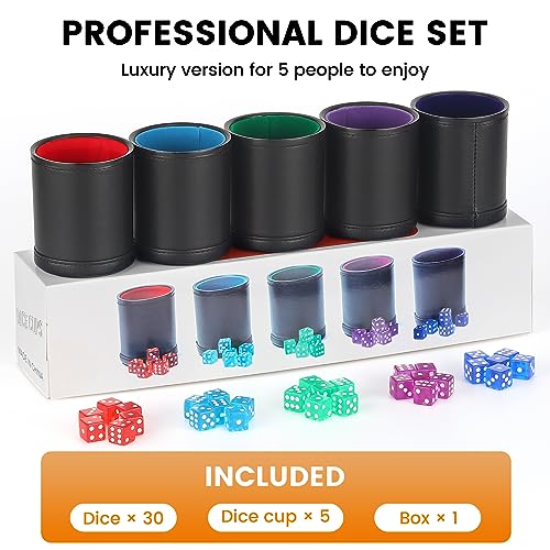 RERIVER 5 Pack PU Leather Dice Cups Velvet Felt-Lined Shaker Cups with 30 Dot Dice for Bar Party Yahtzee Farkle Dice Games