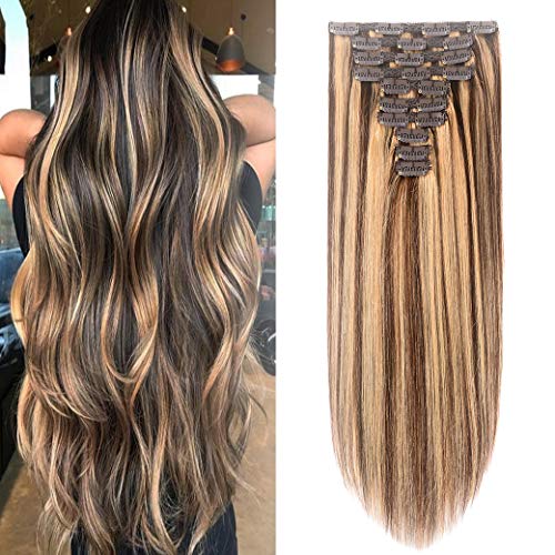 18" Clip in Hair Extensions Human Hair Clip on Remy Hair Extensions for Woman Straight 90g Double Weft 7 Pieces 16 Clips Soft Silky Real Brazilian Hair Extensions (18" 90g, #4/27)