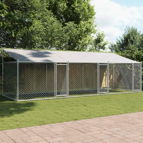 vidaXL Hundezwinger, Hundehütte mit Dach Türen, Hundekäfig mit Maschen-Design, Hundehaus Hühnerstall Drahtkäfig, Grau Verzinkter Stahl