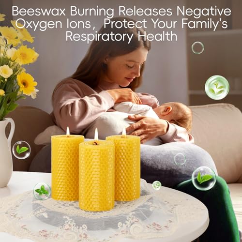 Image of Beeswax Pillar Candles,Non-Toxic Honeycomb Bees Wax Candle for Home,Yellow | 2x4 inch,3 Pack,60 H long clean Burning,100% Pure,natural unscented,smokeless,candle for home,emergency,prayer,dinner