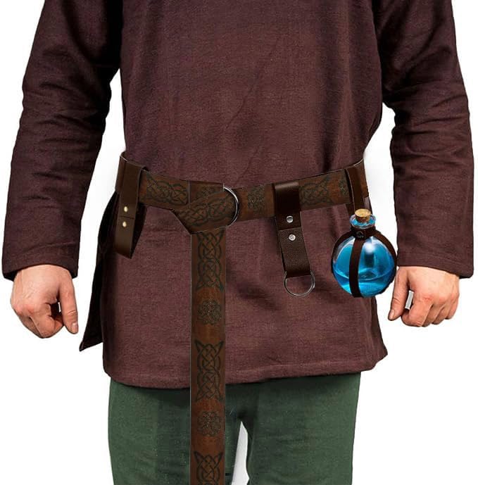 Tahonuss 5pcs Medieval Dress Up Kit Renaissance Knight Costume Decor Accessories Set Including Medieval Viking Belt Leather Belt Skirt Hikes Mug Strap Cork Potion Bottle (Dark Brown, Retro2) - Image 5