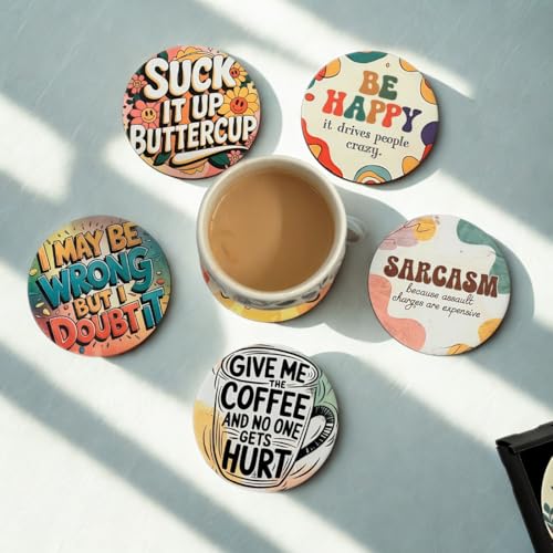 Image of Zesta Coasters for Cups Set of 6 / Wooden Coasters for Bar Accessories for Home /Tea Coaster Set of 6 / Waterproof Dining Table Decor Glass Cover (Sarcastic, Circle)